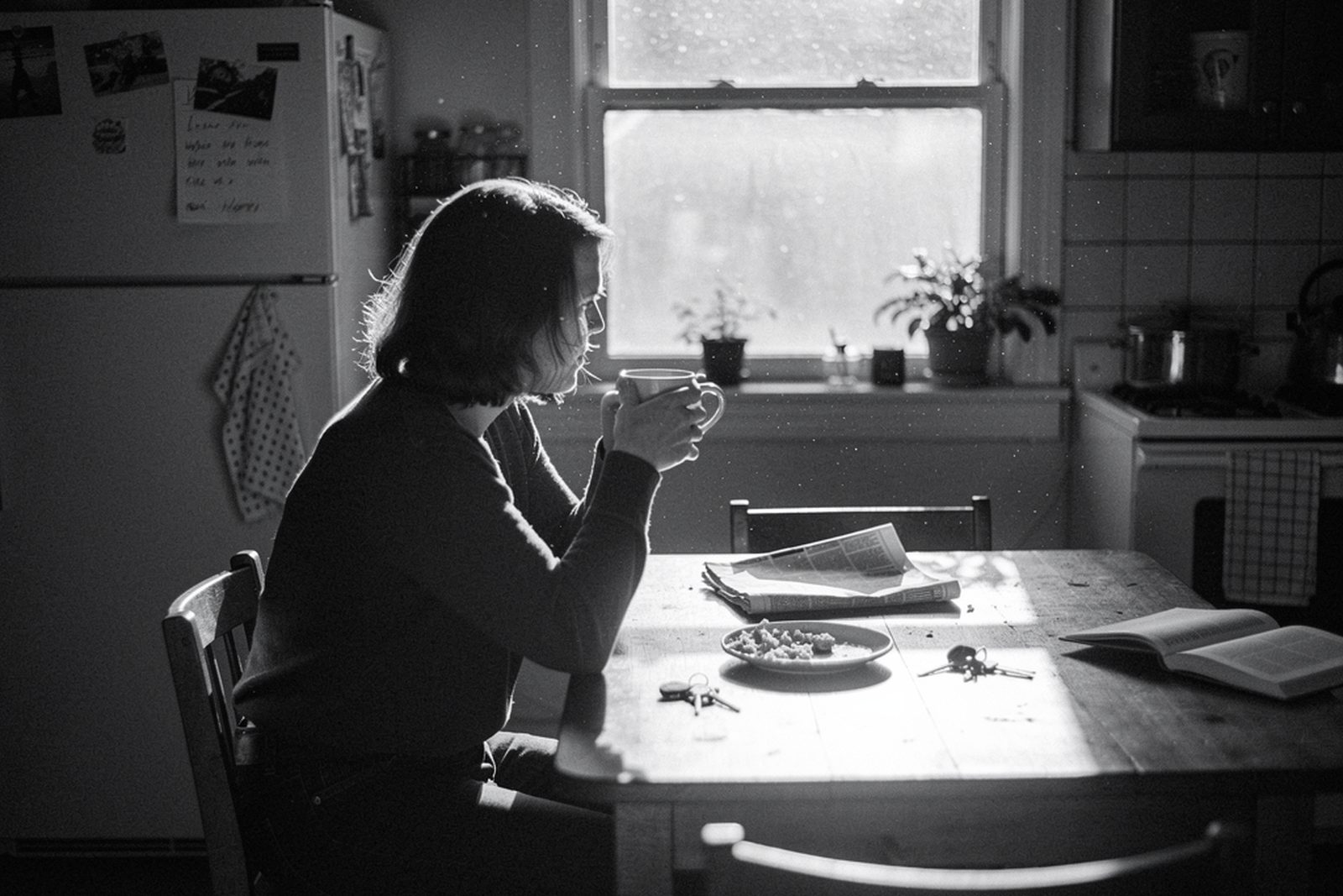 Person am Küchentisch im Morgenlicht, Kaffeetasse in der Hand