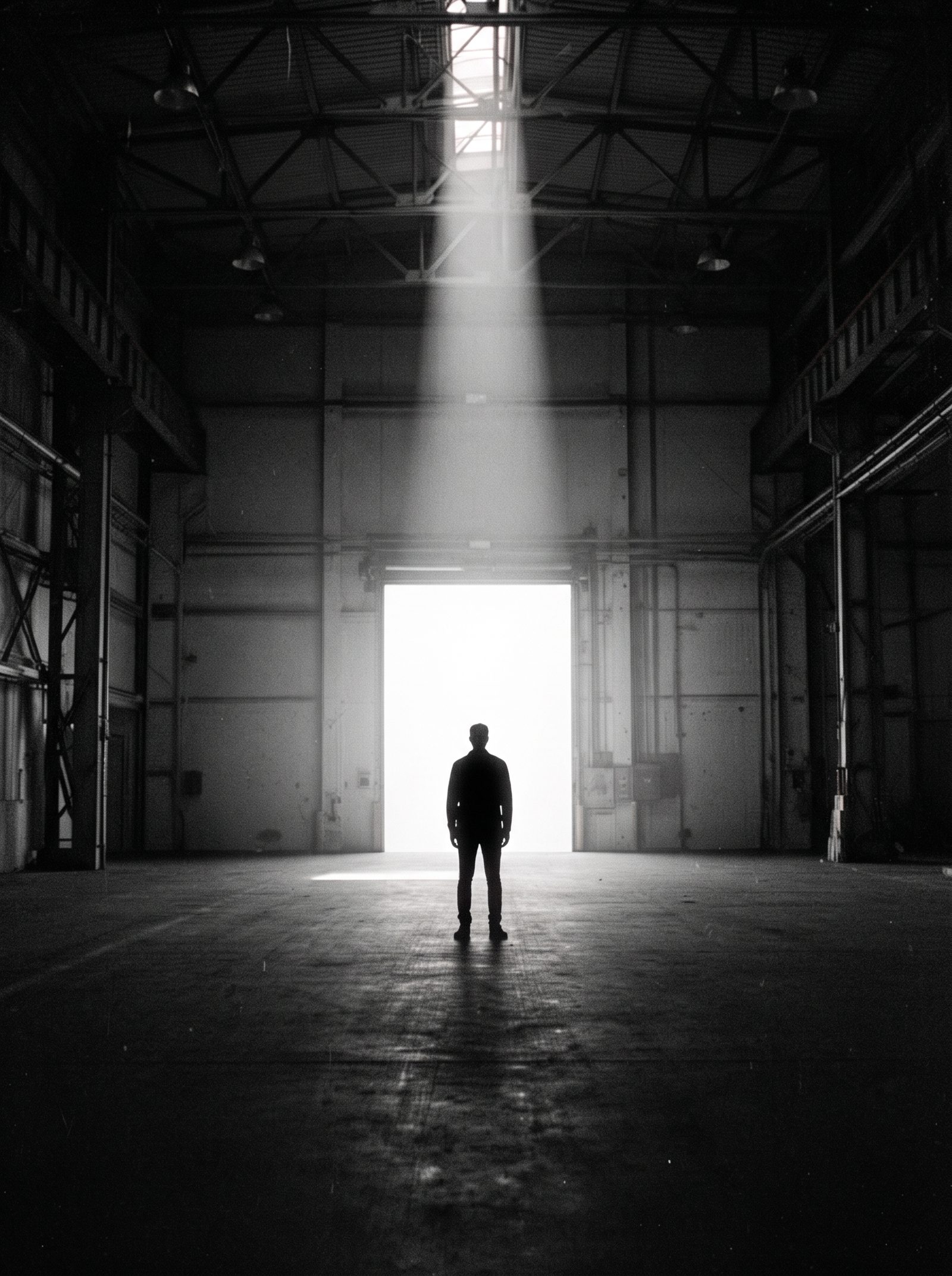 Silhouette einer Person gegen die helle Toröffnung einer Industriehalle